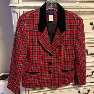 Vintage Norton McNaughton Petites Red Plaid Blazer with Black Velvet Accents